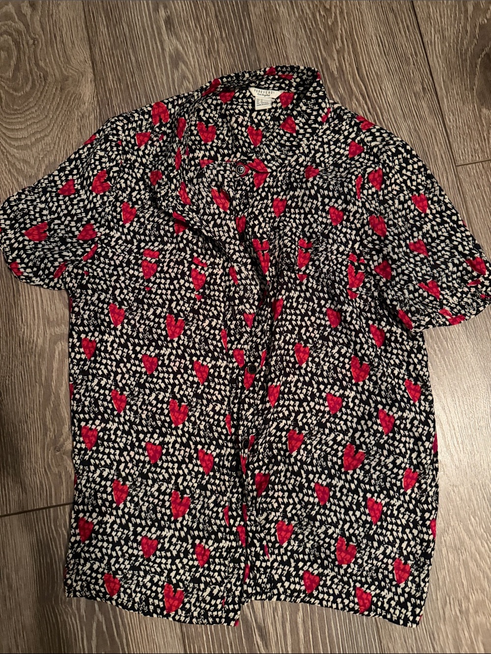 Forever 21 Black Button-Down Shirt with Red Heart Pattern